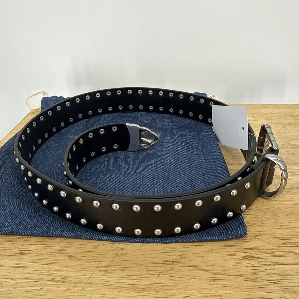 NWT GOOD AMERICAN Studded Black Gold Vegan Leather Metal Buckle Belt M/L Cowgirl